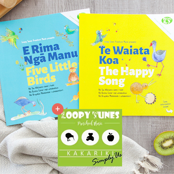 E Rima Ngā Manu | Five Little Birds and Te Waiata Koa | The Happy Song Books plus Kakariki CD cover